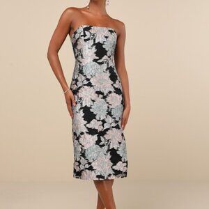 Lulus Upgraded Event Black Jacquard Strapless Bustier Midi Dress - Size M